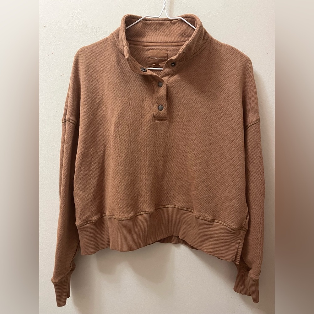 American Eagle Brown Collar Button Snap Sweatshirt (Size S)